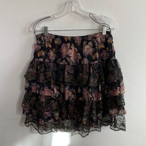 Ralph Lauren Rugby Floral Silk Blend Tiered Lace Elastic Waist Skirt
